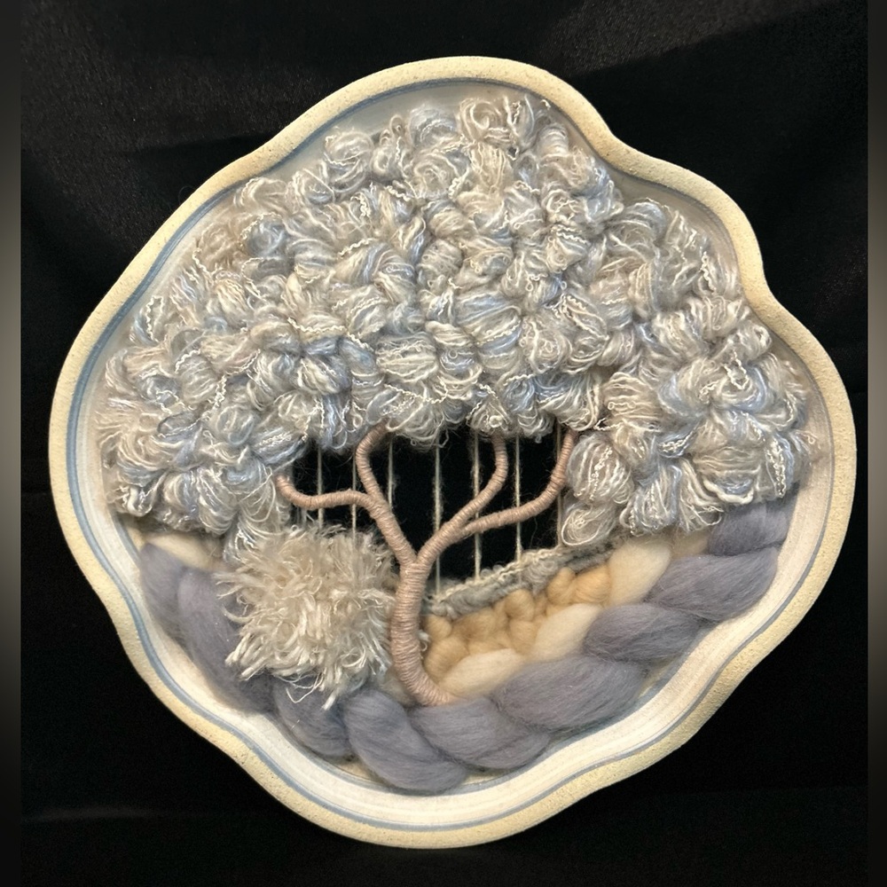 Artisan Made Pottery/Wool Tree of Life Wall Hanging Fiber Art Textile Blue